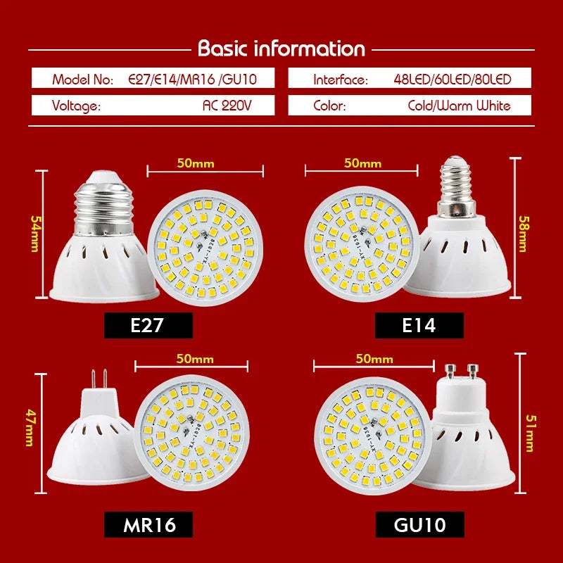 1-10pcs LED Bulb E27 E14 MR16 GU10 48/60/80 LED Spotlight 2835 SMD Lampara Light AC 110V 220V Bombillas Led Lamp