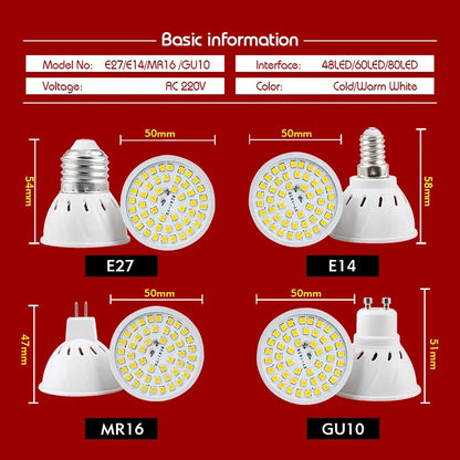 1-10pcs LED Bulb E27 E14 MR16 GU10 48/60/80 LED Spotlight 2835 SMD Lampara Light AC 110V 220V Bombillas Led Lamp