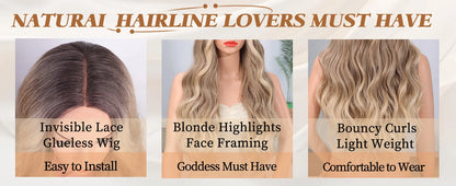 Synthetic Long Lace Wavy Wig for Women 26 Inch Middle Part Curly Natural Looking Heat Resistant Fiber for Daily Party Christmas