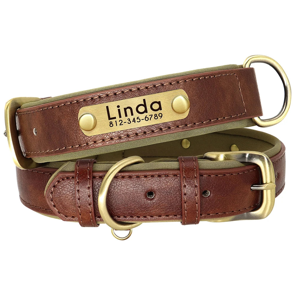Customized Leather Dog Collar Leash Set, Soft Padded Leather Collar For Small Medium Large Dogs With Free Engraved Nameplate