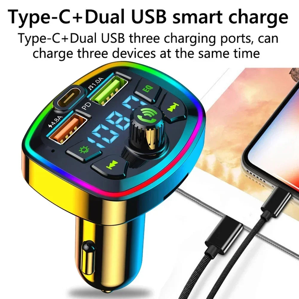Car MP3 Player Bluetooth 5.0 FM Transmitter Handsfree Car Radio Modulator with Built-in Mic USB Quick Charge Adapter for Car