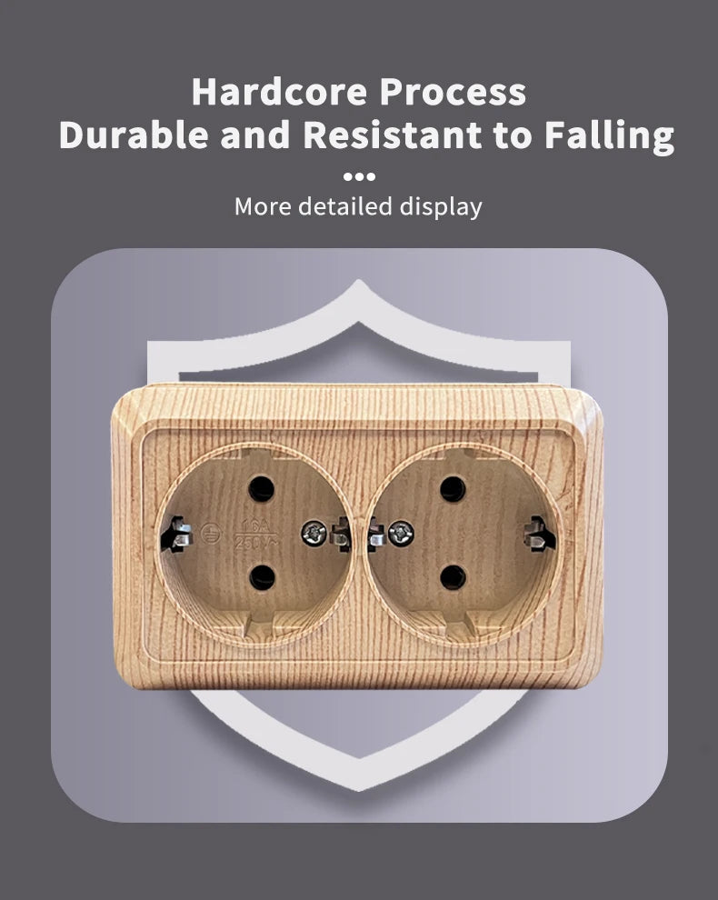 Wood Paint Wall Surface 2 Sockets Plugs EU Exterior Electrical Outlets With Ground Outdoor Power Socket Flame Retardant Plastic