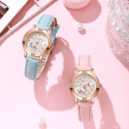 Sanrio Hello Kitty Children's Watch, Cinnamoroll Kuromi My Melody Cute Cartoon Rose Gold Wristwatch with Diamond, Children's Quartz Watch