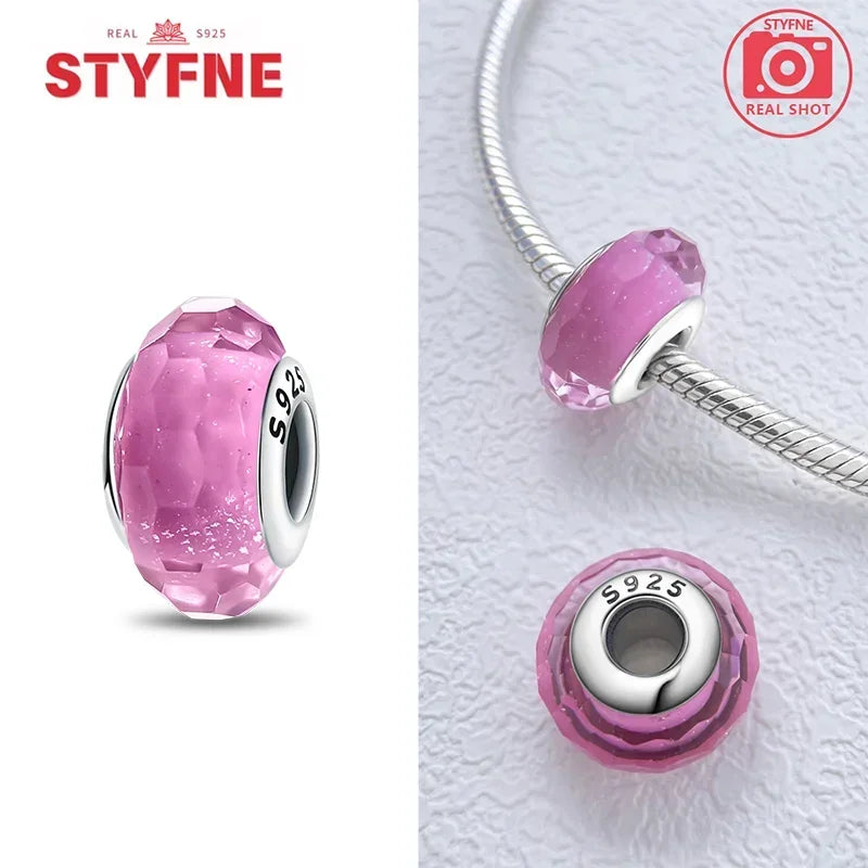 925 Sterling Silver Pink Color Series Beads Heart Flower Murano Glass DIY Jewelry Charms Fit Original Bracelet for Women Fine Gifts