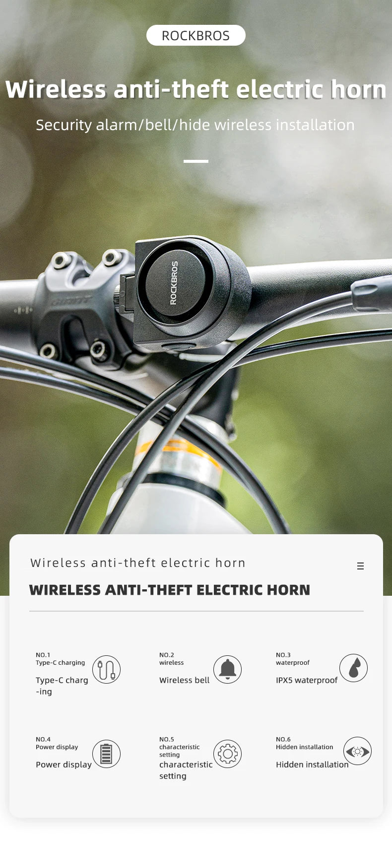 ROCKBROS Bicycle Bell Type-C Vibration Anti-Theft Electric Bike Alarm Horn with Wireless Remote Control Security Alarm System