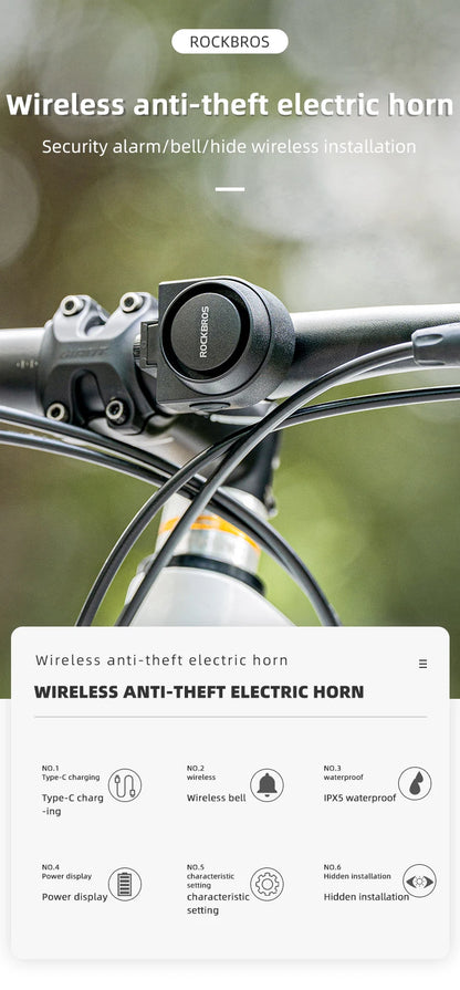 ROCKBROS Bicycle Bell Type-C Vibration Anti-Theft Electric Bike Alarm Horn with Wireless Remote Control Security Alarm System