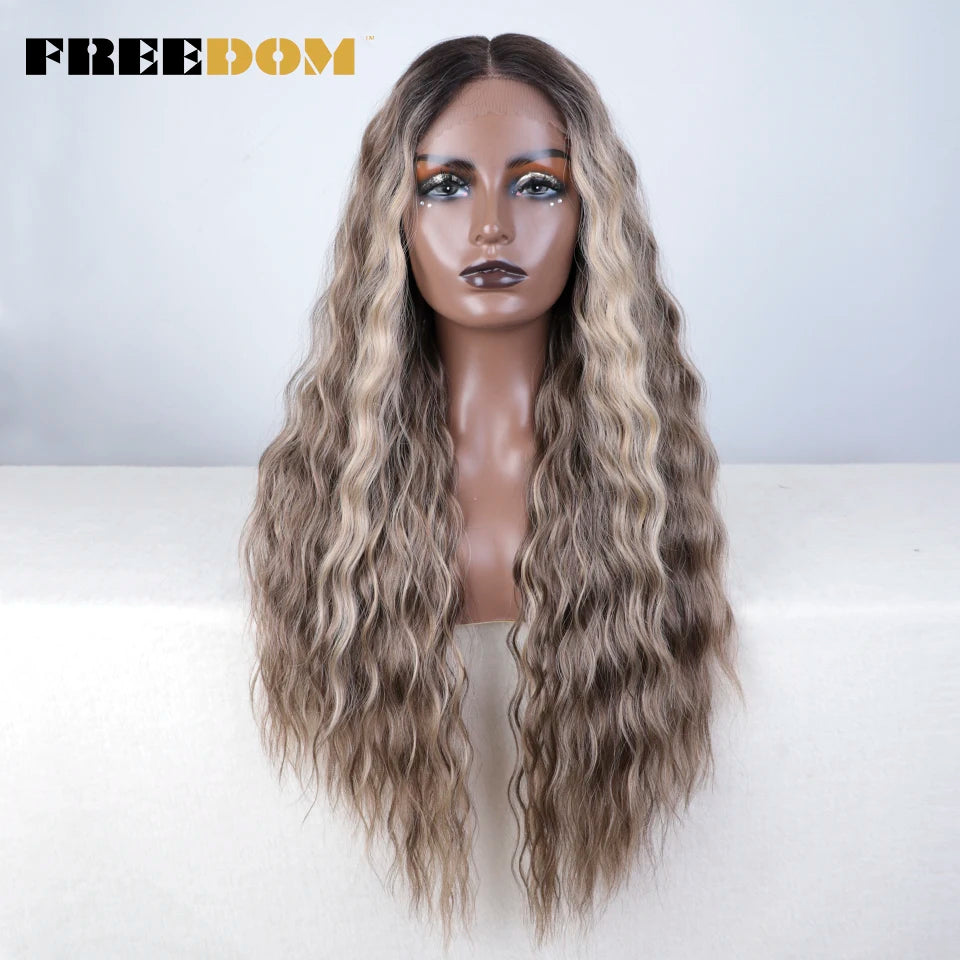 Synthetic Lace Front Wig, Long Deep Wavy Ombre Blonde Ginger Lace Wigs For Black Women, Heat Resistant Cosplay Wigs, FREEDOM