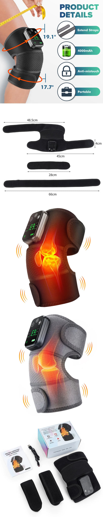 Electric Heated Vibration Knee Massage Pad, 3 in 1 Massager for Shoulder Elbow, Hot Compress Thermal Joint Brace Muscle Relaxation
