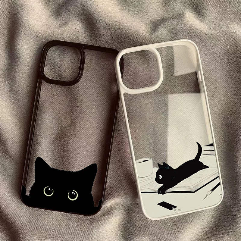 Cute Black Cat Pattern Hard Clear Phone Case For iPhone 15 16 17 Pro Max 16 Plus 17 Air 16E 14 13 12 11 Pro MINI Anti-fall Cover