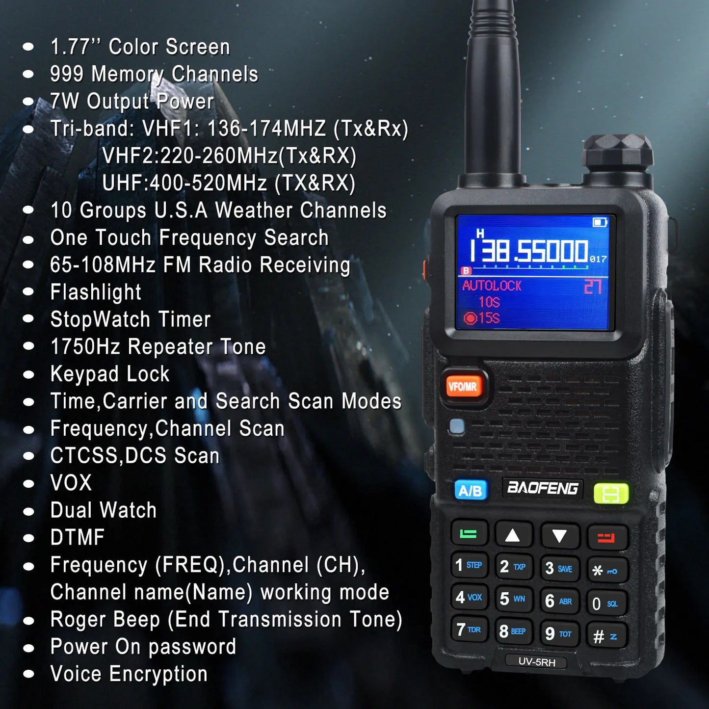 Baofeng UV-5RH Tri-band Walkie Talkie UHF 400-520MHz VHF136-174MHz 200-260MHz Wireless Fast Copy One Channel 7W 999Ch FM Radio