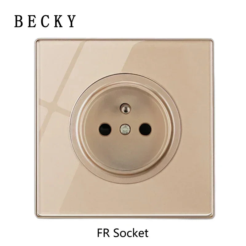 Gold Tempered Glass Wall Switch Panel LED European 16A Socket Retro Toggle Light Switch EU UK Standard 2USB Socket 1Gang-4Gang