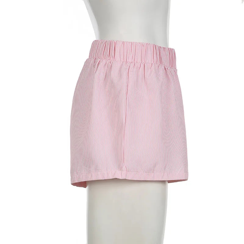 Striped Print Casual Shorts for Women, Elastic Waist Fashion Button Bottoms Streetwear, Chic Basic Y2K Loose Shorts