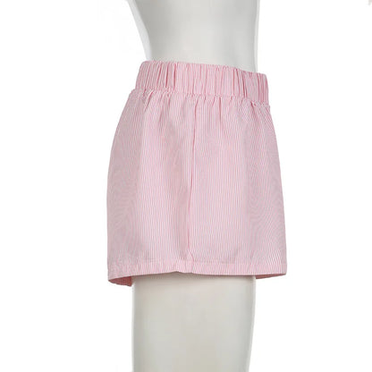 Striped Print Casual Shorts for Women, Elastic Waist Fashion Button Bottoms Streetwear, Chic Basic Y2K Loose Shorts