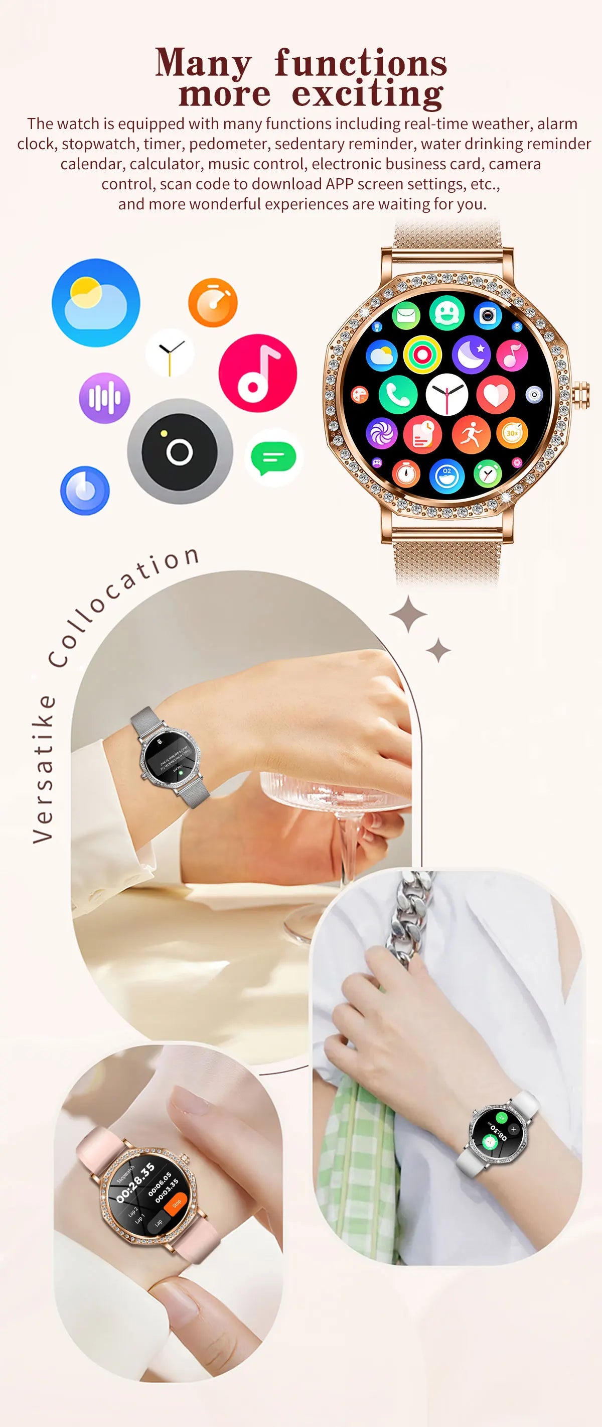 Luxury Women's Smartwatches Diamond Dial Fashion Smart Watch Heart Rate Monitor Sleep Tracking IP67 Waterproof For Android & IOS