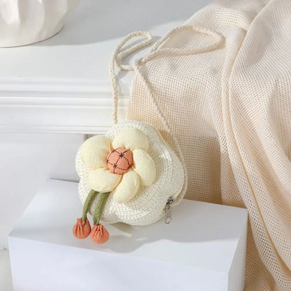 Bolso bandolera de paja duradero, monedero tejido con flores, bolso de mano para niñas, bolso de hombro tipo mensajero para niños, mini bolso de princesa lindo de verano