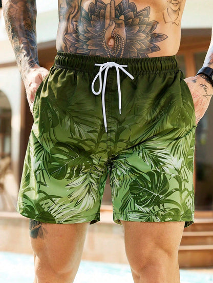 Men's Hawaiian 3D Gradient Palm Tree Pattern Beach Shorts, Quick Dry Outdoor Leisure Sports Shorts, Fashion Men's Shorts