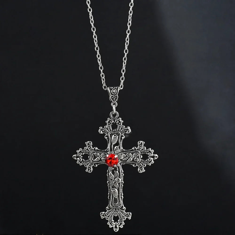 Y2K Punk Crystal Big Cross Pendant Necklaces for Women Men, Gothic Irregular Cross Clavicle Chain Necklaces, Aesthetic Jewelry