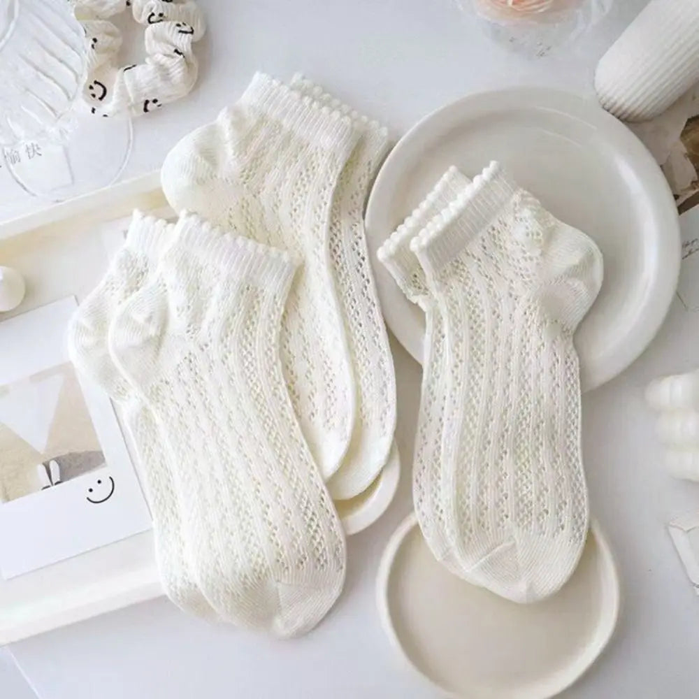 Cotton Women's Socks Frilly Ruffle Socks Spring Summer Casual Ankle Short Boat Socks Loose Knit Solid Color Mid-Calf Socks