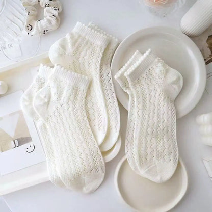 Cotton Women's Socks Frilly Ruffle Socks Spring Summer Casual Ankle Short Boat Socks Loose Knit Solid Color Mid-Calf Socks