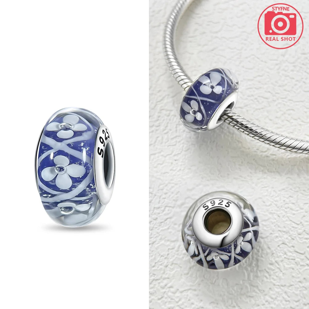 Original 925 Silver Charms Flower Blue Star Green Turtle Glass Beads Fit Bracelet Women DIY Gift Murano Jewelry Accessories