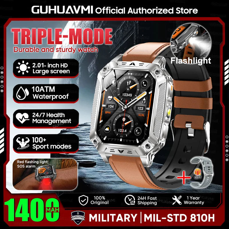 2026 Military outdoor SmartWatch Fitness Clock Men 2.01 inch AMOLED Screen 1400mAh Battery Flashlight Call Waterproof Smart Band