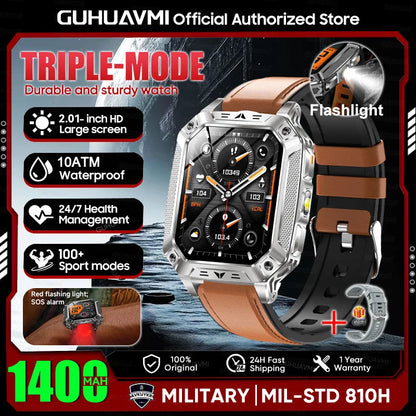 2026 Military outdoor SmartWatch Fitness Clock Men 2.01 inch AMOLED Screen 1400mAh Battery Flashlight Call Waterproof Smart Band