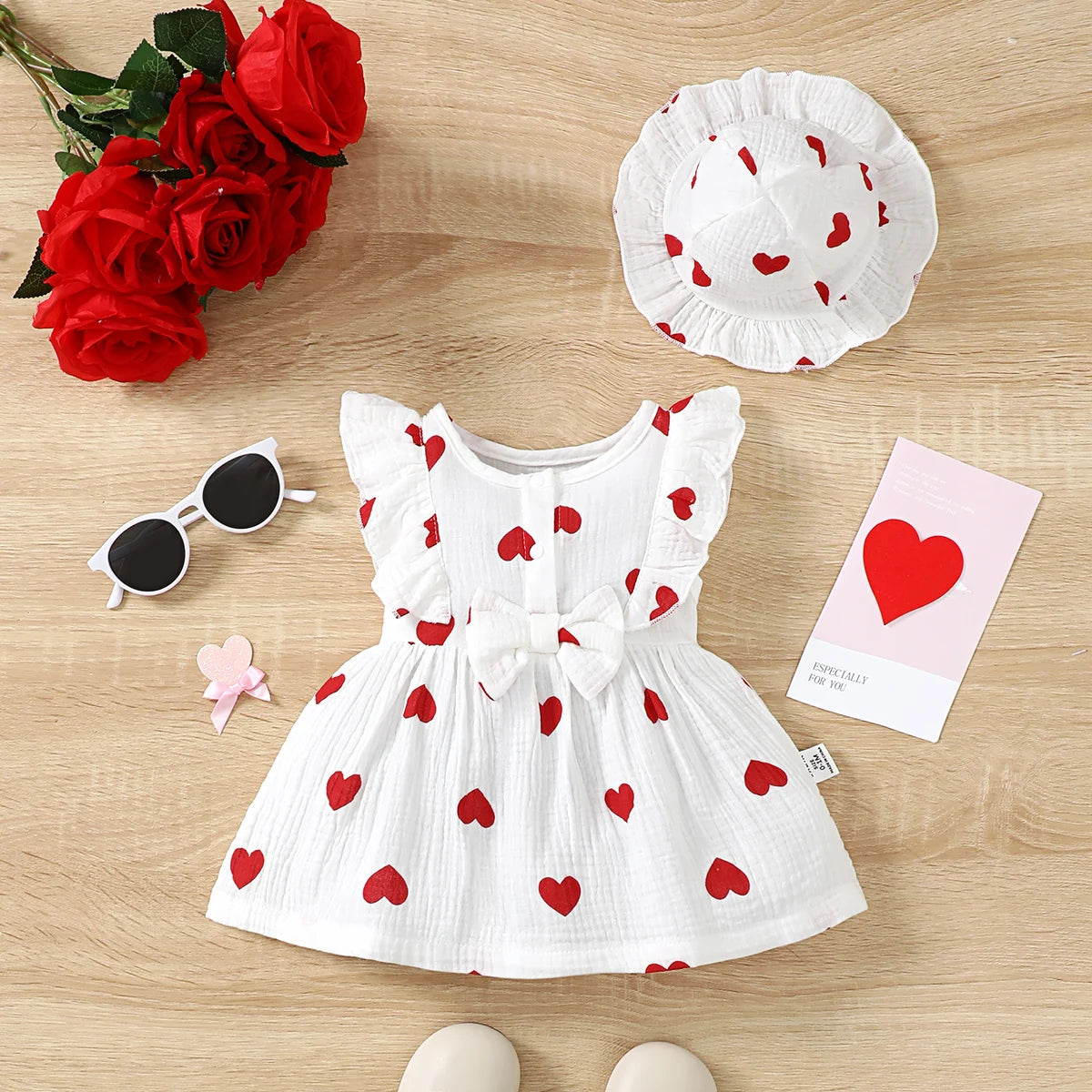 2Pcs, Dress Clothes Set, Newborn Baby Girl Love Print Sleeveless Dress With Hat Summer Fashion Cute Wear for Infant Girl 0-9Months