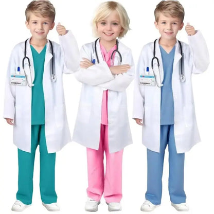 7PCS Unisex Doctor Nurse Costume Set for Role Play Pink/Green/Blue Medical Scrubs with Stethoscope Halloween Dress Up Clothes