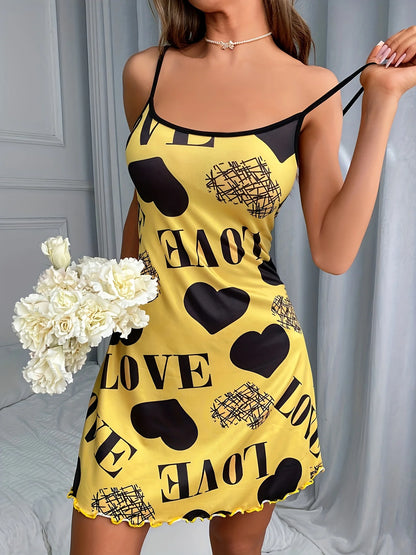 Women Summer Camisole Nightgown, Backless Heart LOVE Print Soft Breathable Sleepwear, Ruffle Hem Round Neck Night Dress