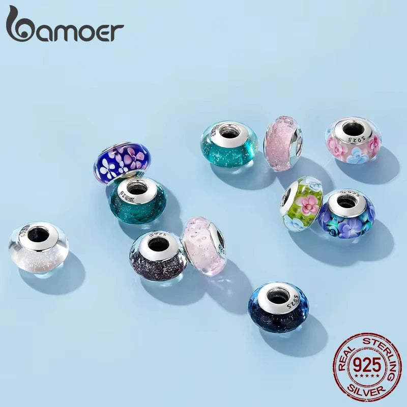 BAMOER 925 Sterling Silver Lovely Pink Flower European Murano Glass Charm Beads for DIY Charm Bracelets Christmas Gifts SCZ001