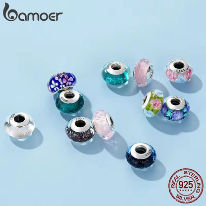 BAMOER 925 Sterling Silver Lovely Pink Flower European Murano Glass Charm Beads for DIY Charm Bracelets Christmas Gifts SCZ001