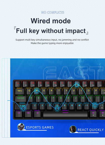 APAYADO K61 Mini Mechanical Keyboard, Wired, 61 Keys, Phantom RGB, Black/White Red/Blue Mechanical Switch for Gaming, 60% Portable