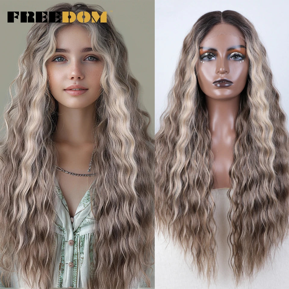 Synthetic Lace Front Wig, Long Deep Wavy Ombre Blonde Ginger Lace Wigs For Black Women, Heat Resistant Cosplay Wigs, FREEDOM