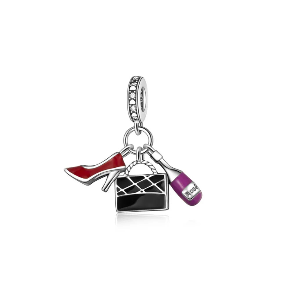 Pink Bead Bag Perfume Lipstick high heels Pendant fit Original Bracelet Accessories DIY Jewelry Women 925Silver Gift Trunk Charm
