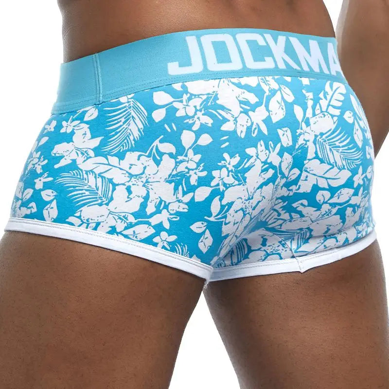 Male Panties, Breathable Boxers, Cotton Men Underwear, U convex pouch Sexy Underpants, Printed leaves Homewear Shorts, JOCKMAIL