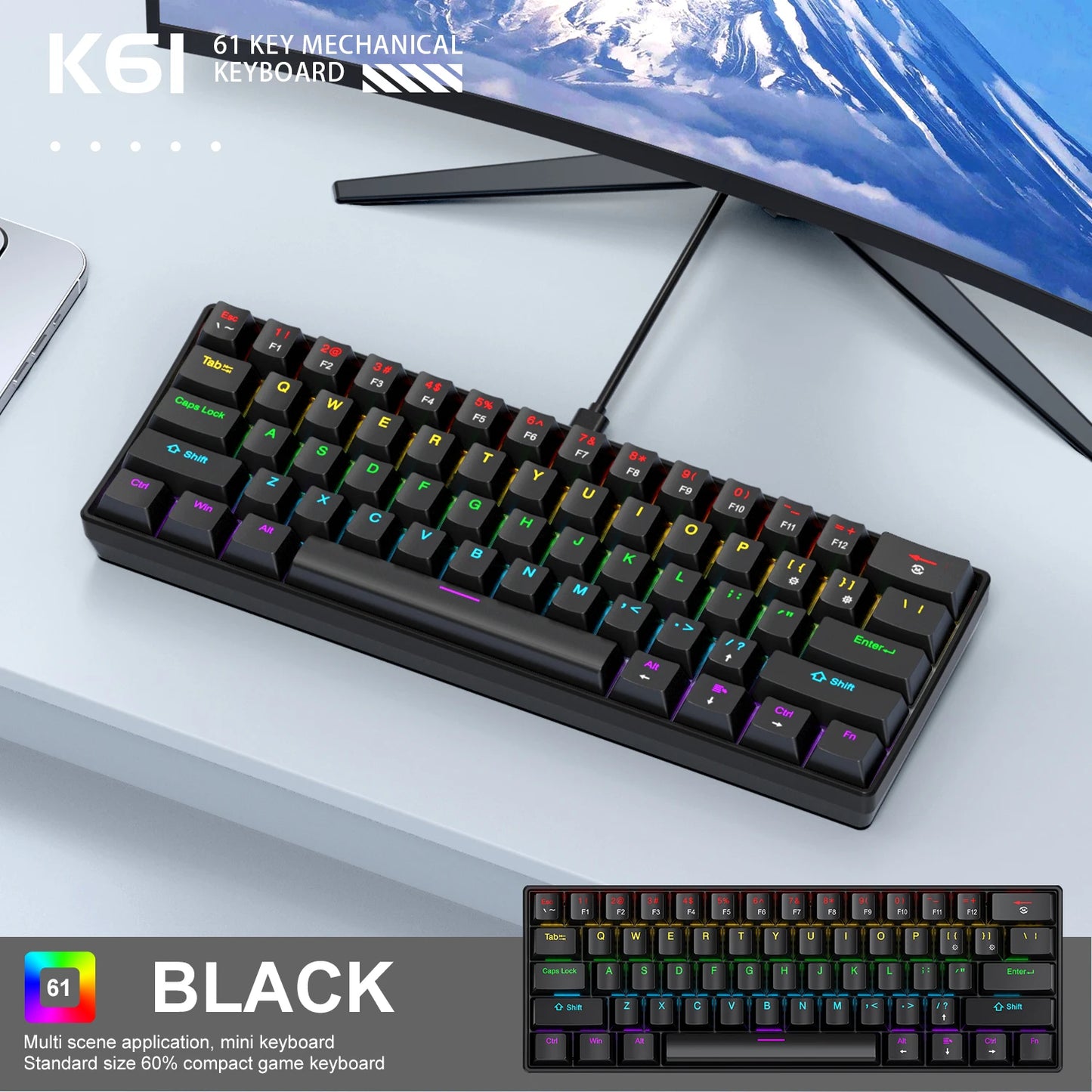 K61 Wired Portable Mechanical Keyboard, Phantom RGB Colorful, Gaming-grade Response, Ergonomic Design, Usable for Gaming and Office