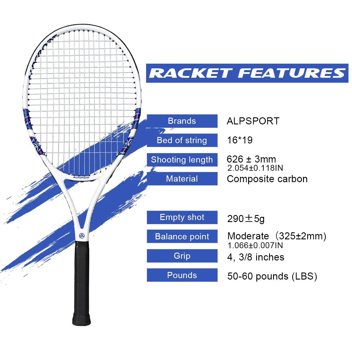 Carbon Fiber Tennis Racket, T800 18K-Professional Grade with Bag&Strap Lightweight Training Racquet for Adults Men&Women, ALPSPORT