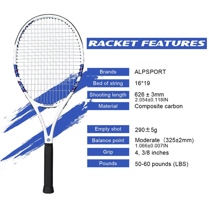 Carbon Fiber Tennis Racket, T800 18K-Professional Grade with Bag&Strap Lightweight Training Racquet for Adults Men&Women, ALPSPORT