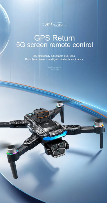 Drone A14Pro Max 8K HD Three Camera Brushless Optical Flow Obstacle Avoidance Foldable Quadcopter UAV 4.5-inch Large Screen Toys