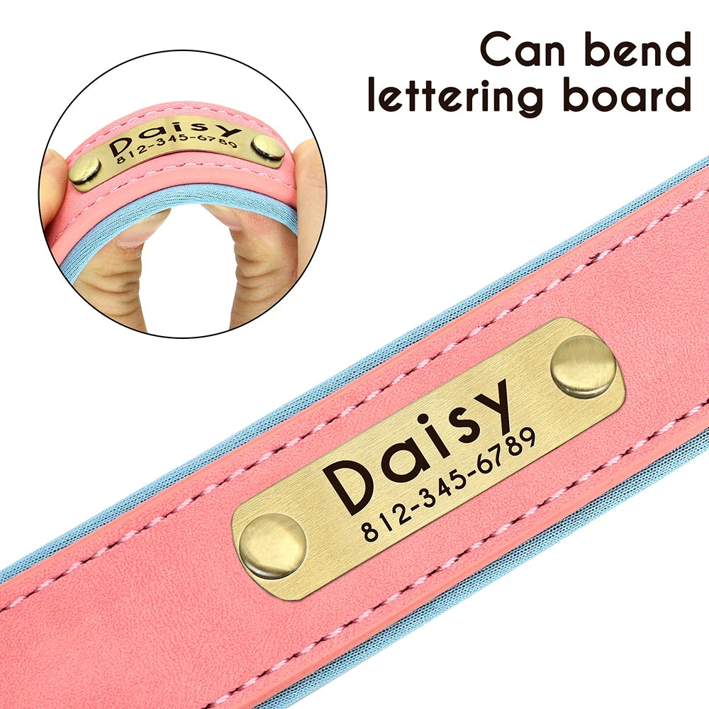 Customized Leather Dog Collar Leash Set, Soft Padded Leather Collar For Small Medium Large Dogs With Free Engraved Nameplate