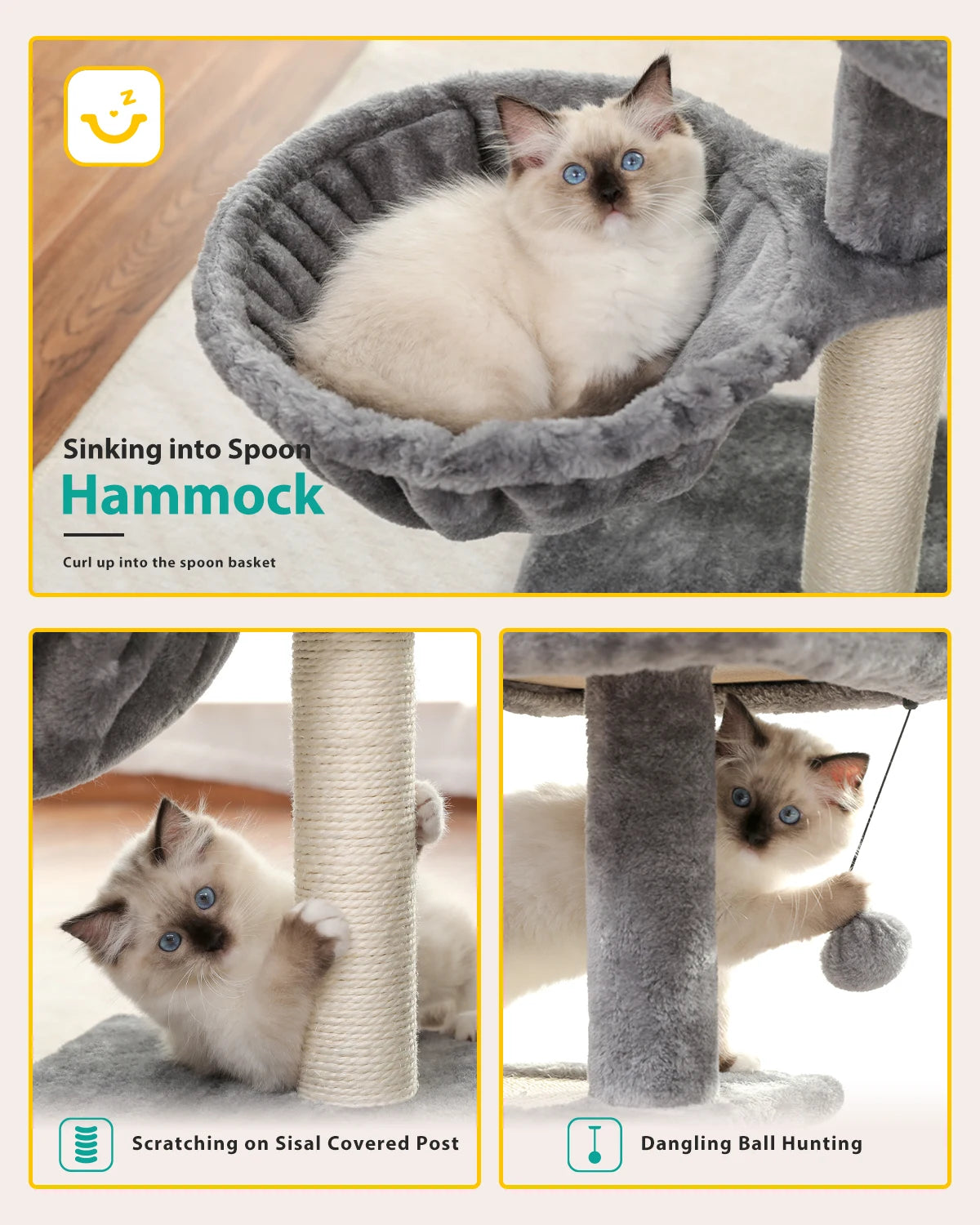 Cat tree, Cat Tower for Indoor Cats, 2 Styles Cat Activity Tree with Cat Scratching Posts, Big Hammock and Removable Top Perch Grey