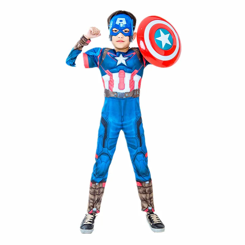 3-12Y Boy's Costume Superhero Roleplay Onesie School Performance Outfit with Mask and Shield Toy Gift