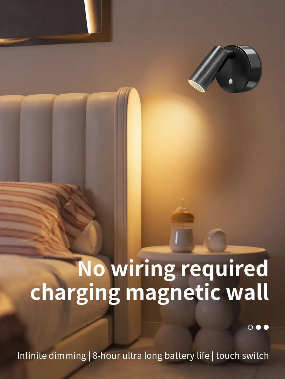Magnetic Base USB Rechargeable LED Cordless Wall Light Touch, Switch Black White Gold Silvery Dimmable Bedside Lamp For Reading, LED Light