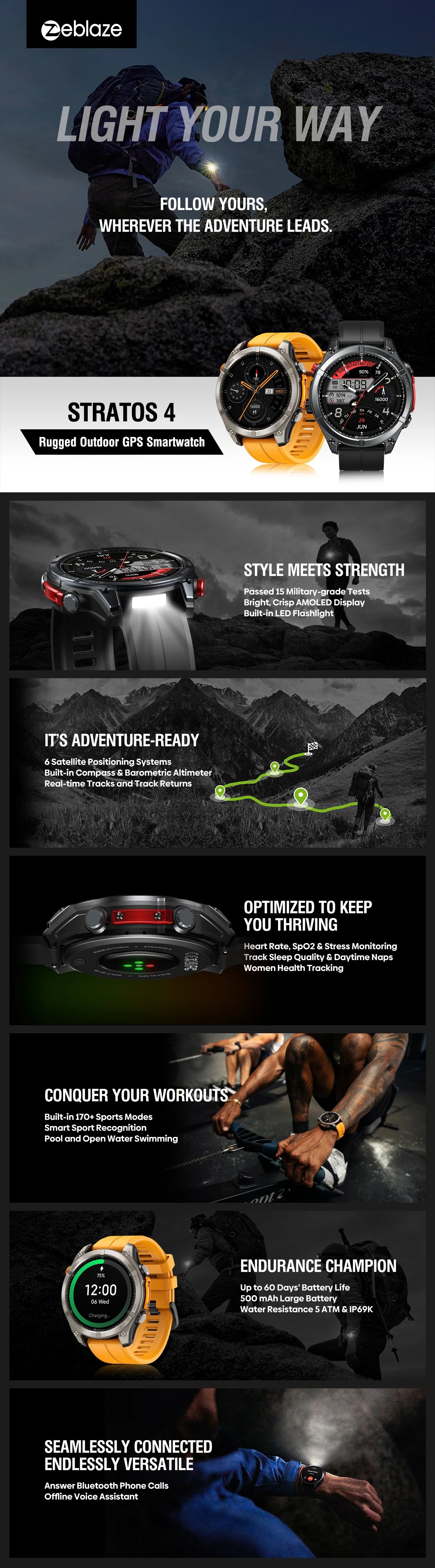 NEW Zeblaze Stratos 4 GPS Smartwatch, 1.43" AMOLED Screen Compass Barometric Altimeter Flashlight Voice Calling Smart Watch