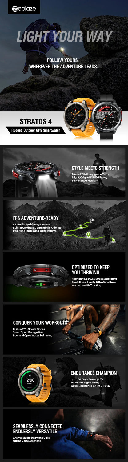 NEW Zeblaze Stratos 4 GPS Smartwatch, 1.43" AMOLED Screen Compass Barometric Altimeter Flashlight Voice Calling Smart Watch