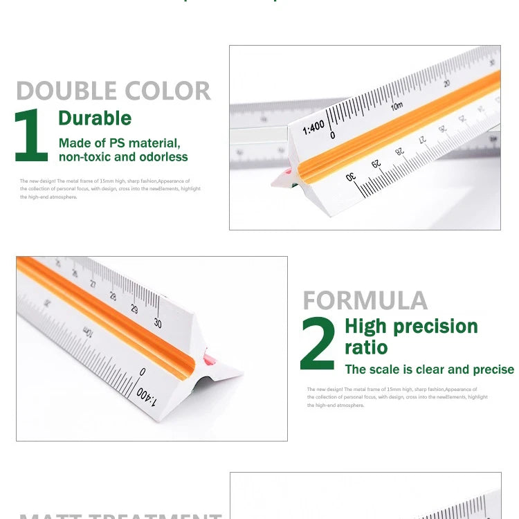 30cm Triangular Scale Ruler 1:20-1:500 Metal Plastic Straight Ruler Metric Architect Engineer Accurate Drafting Measure Tool