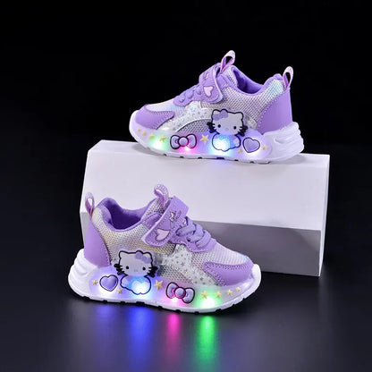 Kids' Casual Shoes Girls' LED Light Cartoon PU Leather Fashion Sports Flat-Bottomed Breathable Shoes White Pink Size 21-30