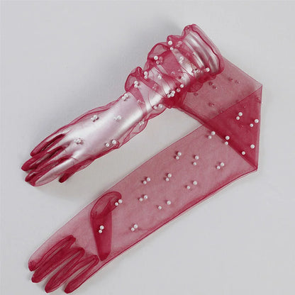 55 cm Transparent Wedding Gloves Pearls Long Elbow Mittens Mesh Arm Covers Women Party Bridal Dress Accessories Photo Props