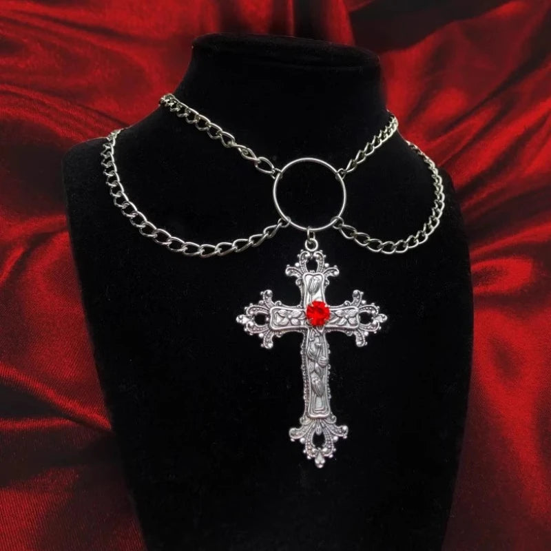 Y2K Gothic Punk Crystal Cross Pendant Necklace for Women Men, Clavicle Chain Lolita Choker Necklaces, Jewelry Gorgeous Party Gifts