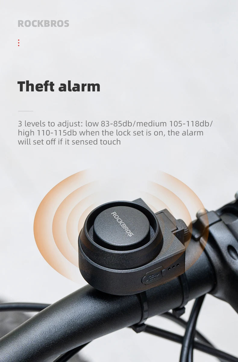 ROCKBROS Bicycle Bell Type-C Vibration Anti-Theft Electric Bike Alarm Horn with Wireless Remote Control Security Alarm System